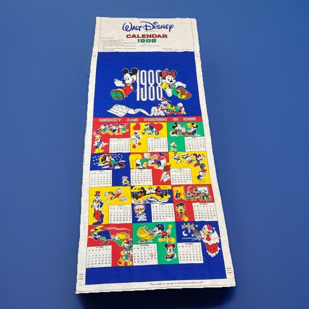 Vintage 1988 Walt Disney Mickey Minnie Mouse Fabric Calendar Craft Panel